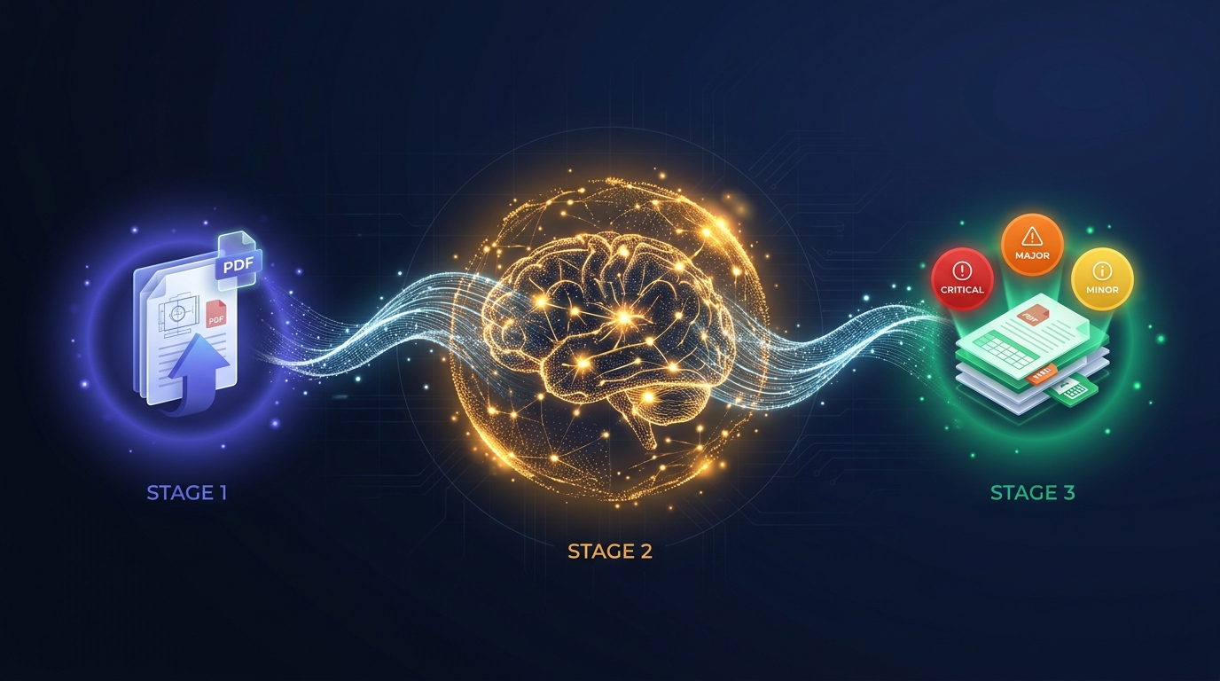 Upload to AI Brain to Report — 3-stage process flow